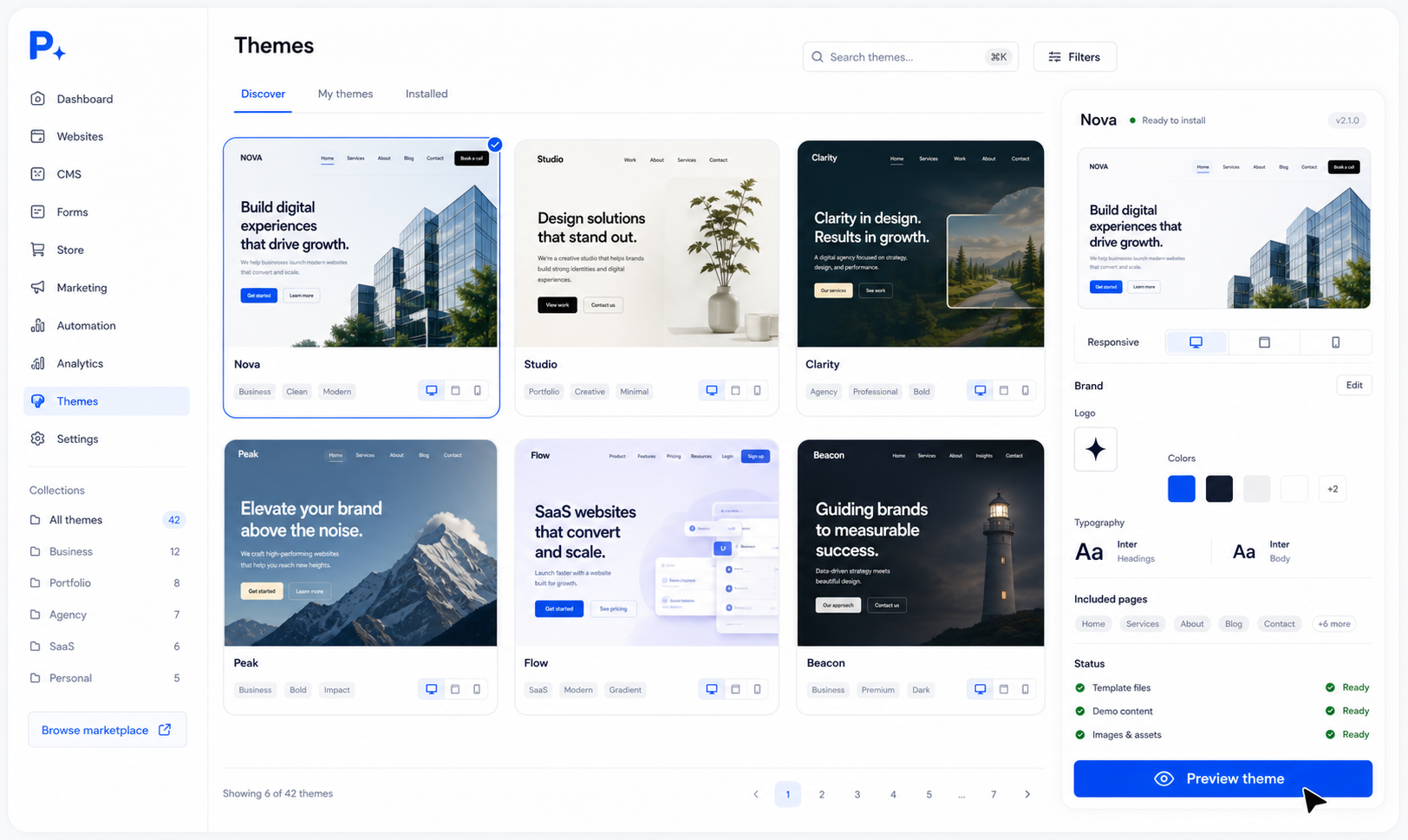 Paazaa theme marketplace visual showing installable themes, responsive previews, brand controls, and runtime readiness