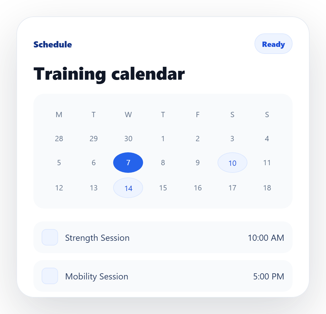 Fitness coach training schedule panel