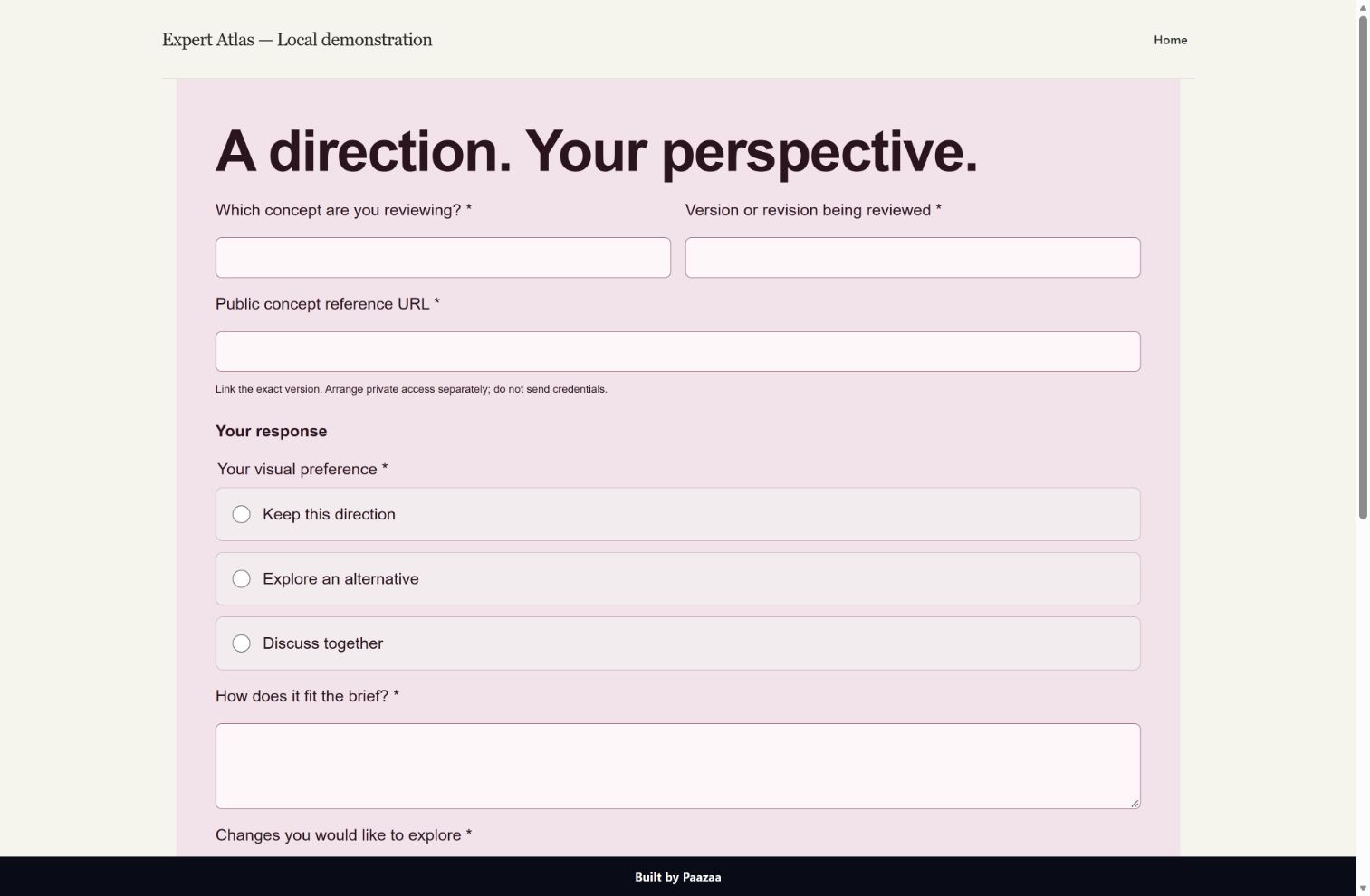 Brand Concept Review installed in a demonstration Website, showing its rose canvas, concept fields and visual preferences