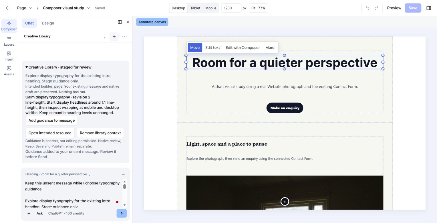 Paazaa Page Builder with Composer guidance beside a selected heading and the editable Page canvas